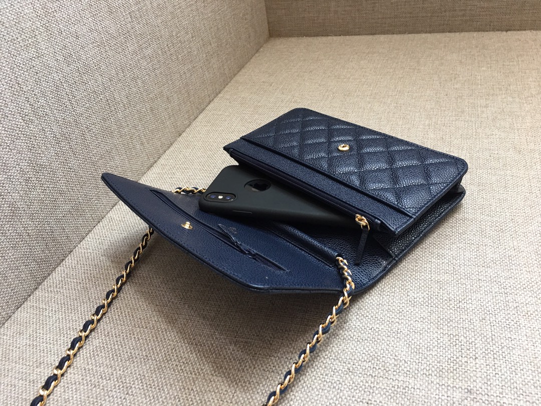 Caviar Leather Wallet On Chain Shoulder Bag A33814 Dark Blue/Gold